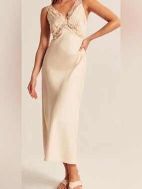 Abercrombie & Fitch Ivory Lace-Trim Maxi Slip Dress